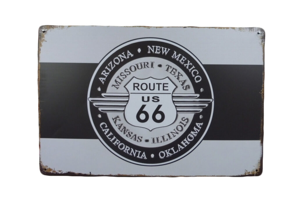 Metalen bord Route 66 plaats