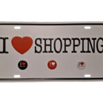 Metalen bord I love shopping