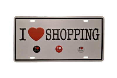 Metalen bord I love shopping