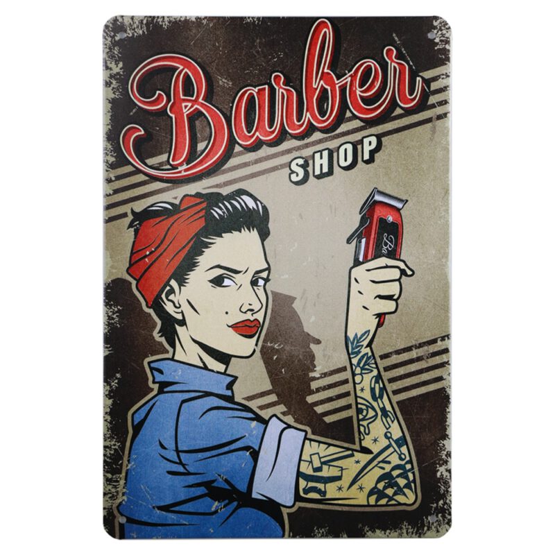 Metalen bord barber shop vrouw
