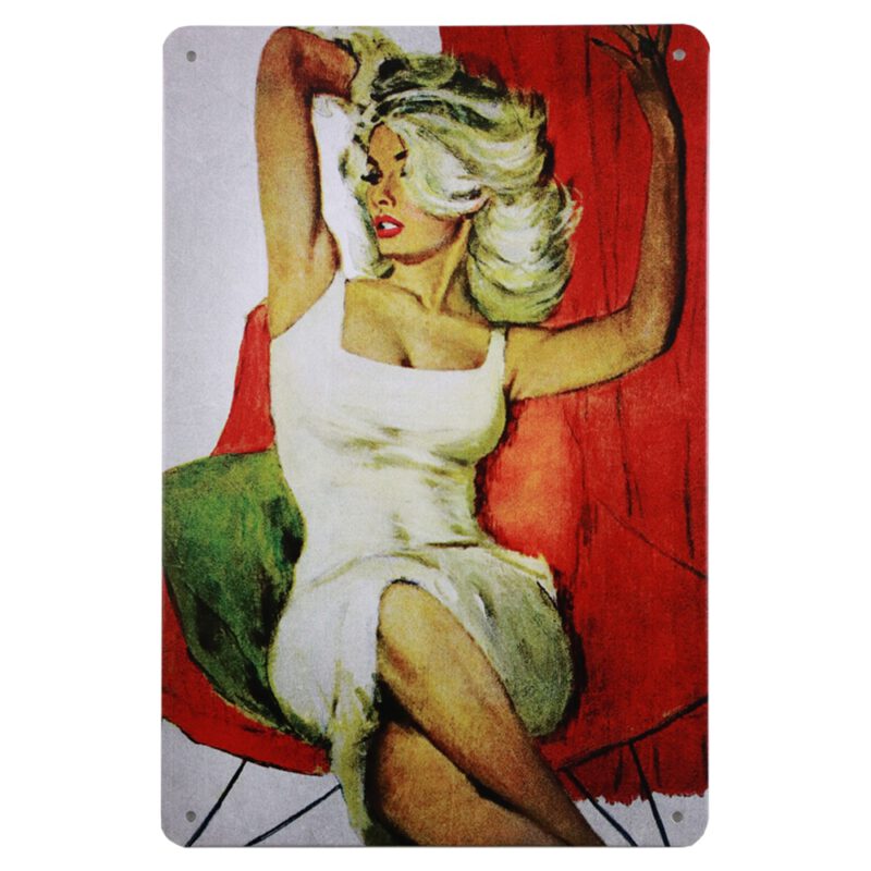 Metalen bord retro vrouw liggend